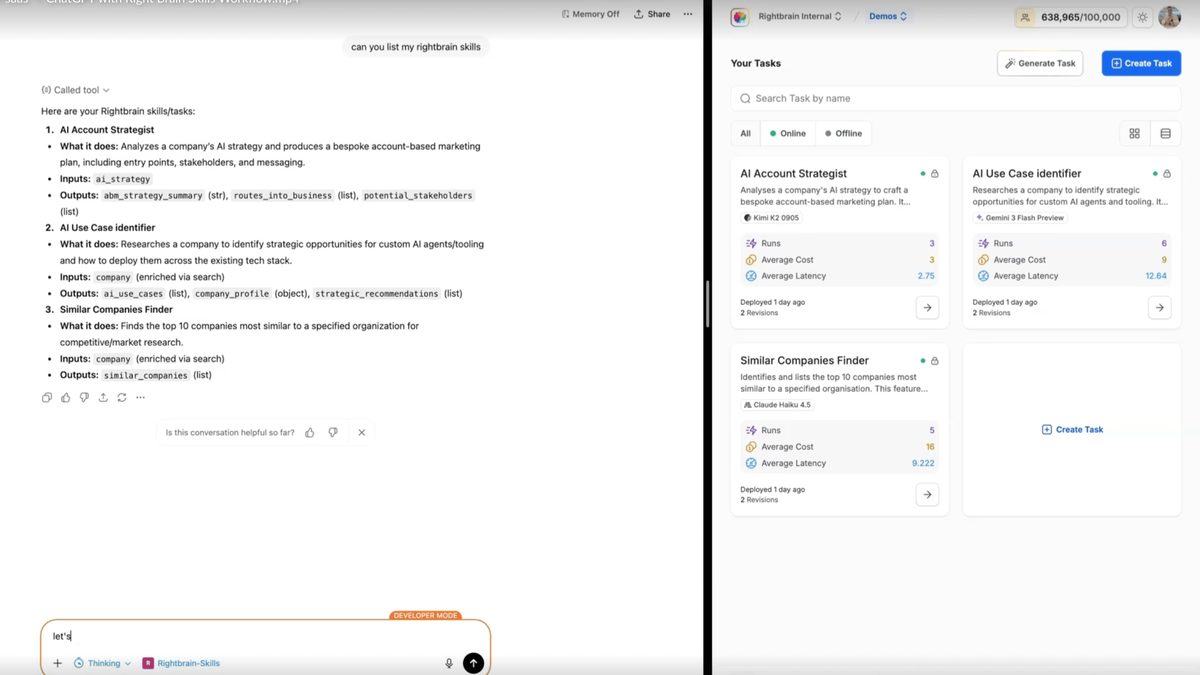 ChatGPT listing connected Rightbrain Skills, mirrored in the Rightbrain dashboard.