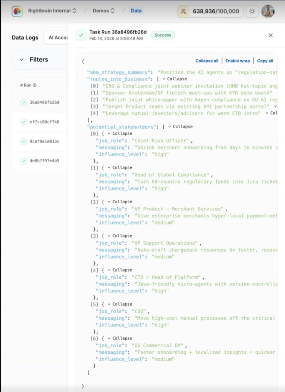 A Rightbrain run log showing duration, tokens, cost and the full JSON response.